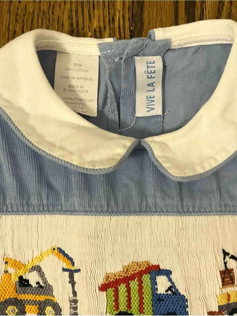 Vive La Fête Light Blue Smocked Baby Romper with Trucks